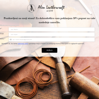 Alen Leathercraft website with timed lead-capture popup offering a 10% discount