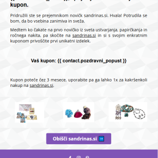 Automated personalised Sandrinas coupon email with store return button