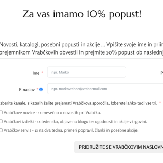 Timed lead-capture popup offering 10% discount for joining the Vrabček mailing list