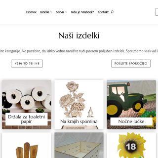 Vrabček product catalogue page with wooden product categories and WooCommerce cart