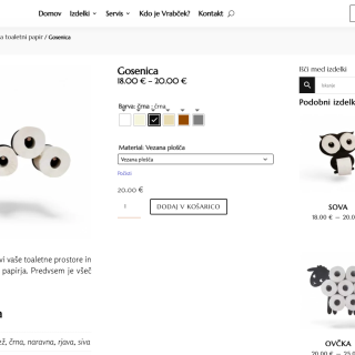 WooCommerce product page for a Vrabček wooden toilet-paper holder